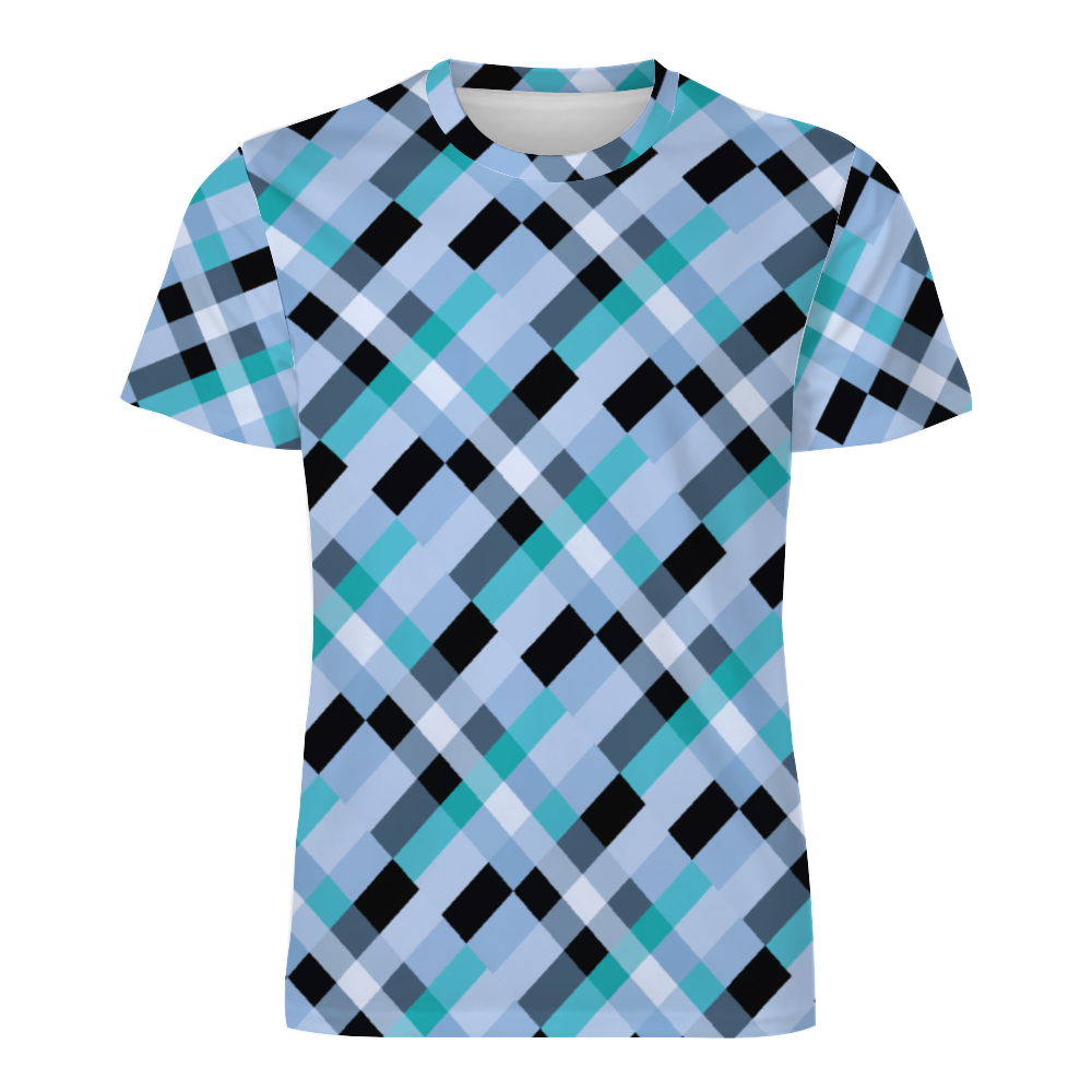 Baby Blue Plaid T-shirt Men's Round Neck
