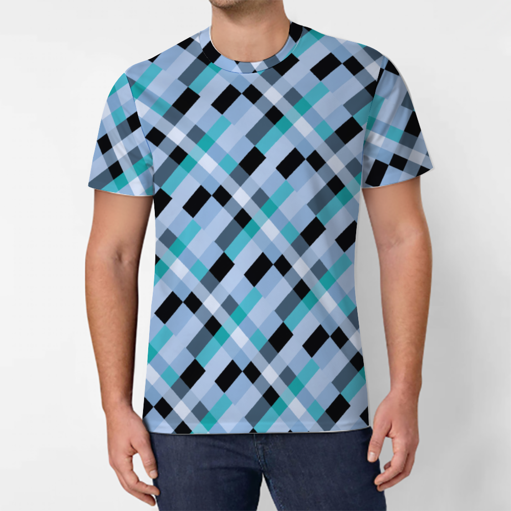 Baby Blue Plaid T-shirt Men's Round Neck