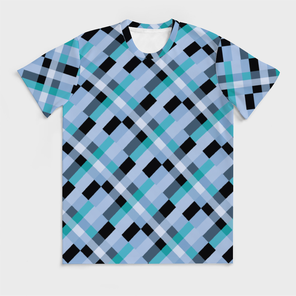 Baby Blue Plaid T-shirt Men's Round Neck