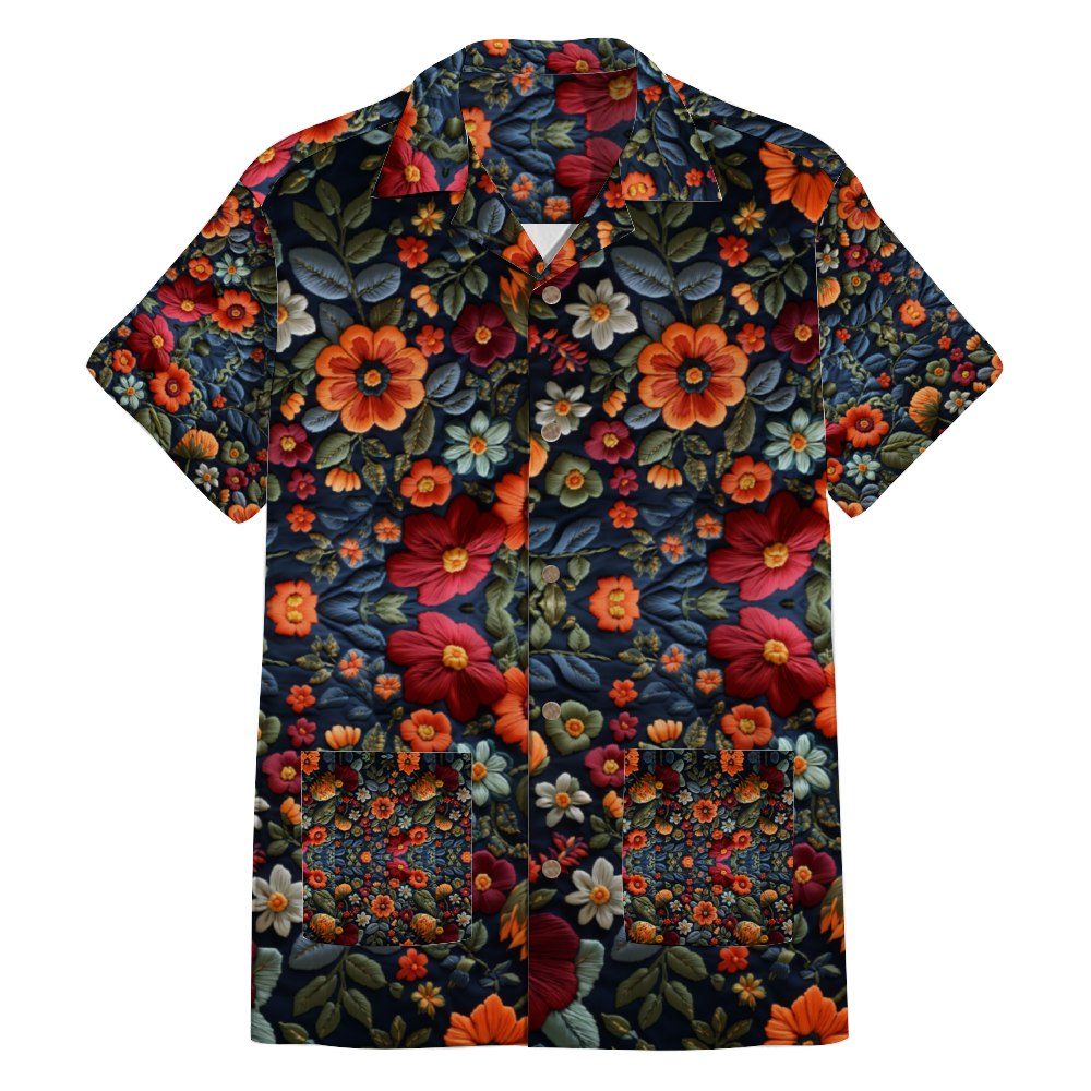 Embroidery Print Tee Cuban Tie Pocket Shirt