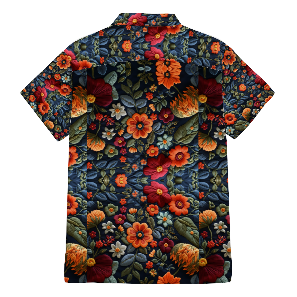 Embroidery Print Tee Cuban Tie Pocket Shirt