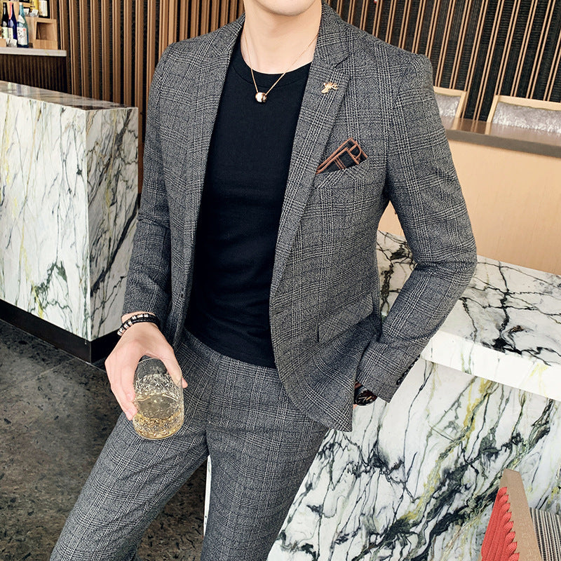 Autumn and winter men's casual suits Korean style fashion plaid suit two-piece British style slim suit suit for men