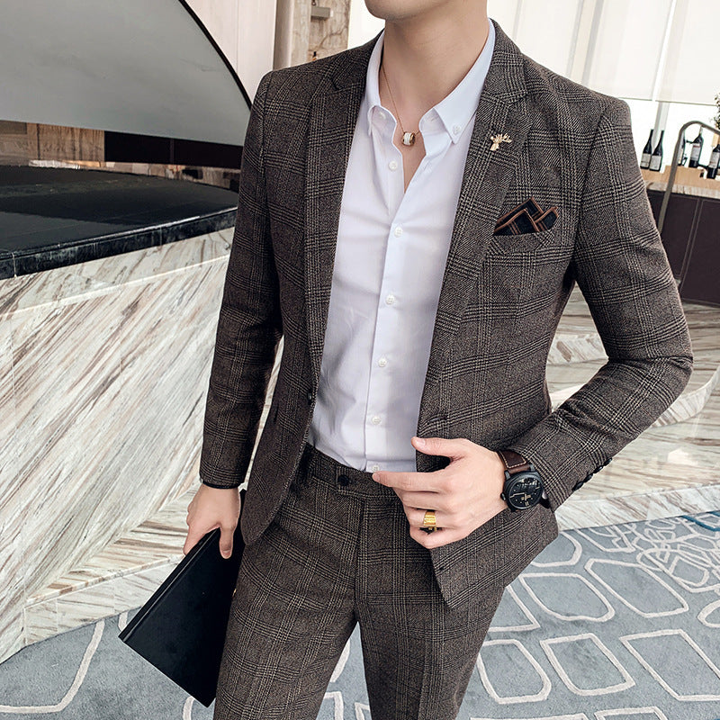 Autumn and winter men's casual suits Korean style fashion plaid suit two-piece British style slim suit suit for men