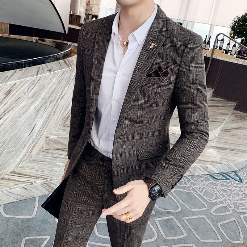 Autumn and winter men's casual suits Korean style fashion plaid suit two-piece British style slim suit suit for men