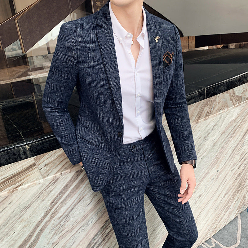 Autumn and winter men's casual suits Korean style fashion plaid suit two-piece British style slim suit suit for men