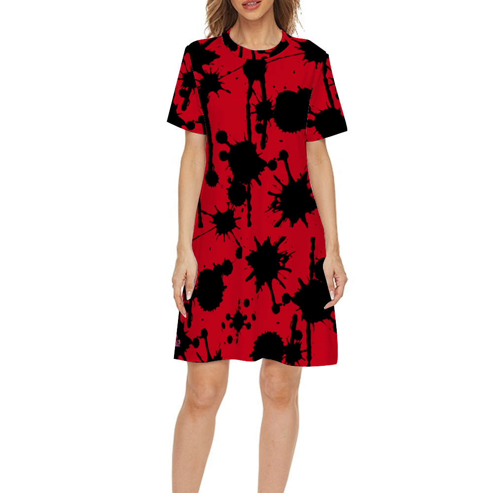 Graffiti Ink Red Short-sleeved Mini Shift Skirt
