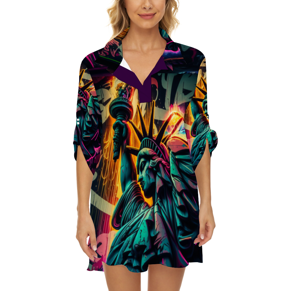 New York Scene of Women's Long Blouse Shirts with Half Sleeve