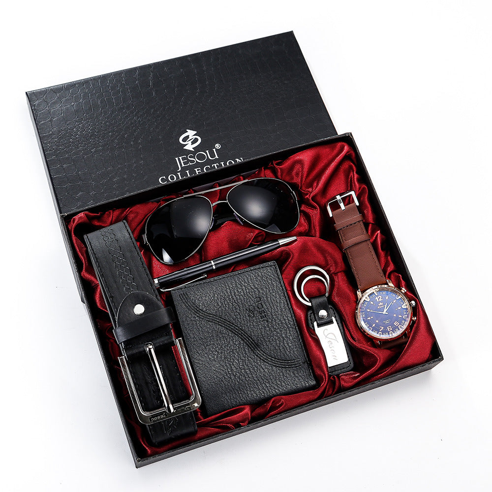 6PCS SET boutique gift set glasses belt wallet keychain large surface quartz watch pen
