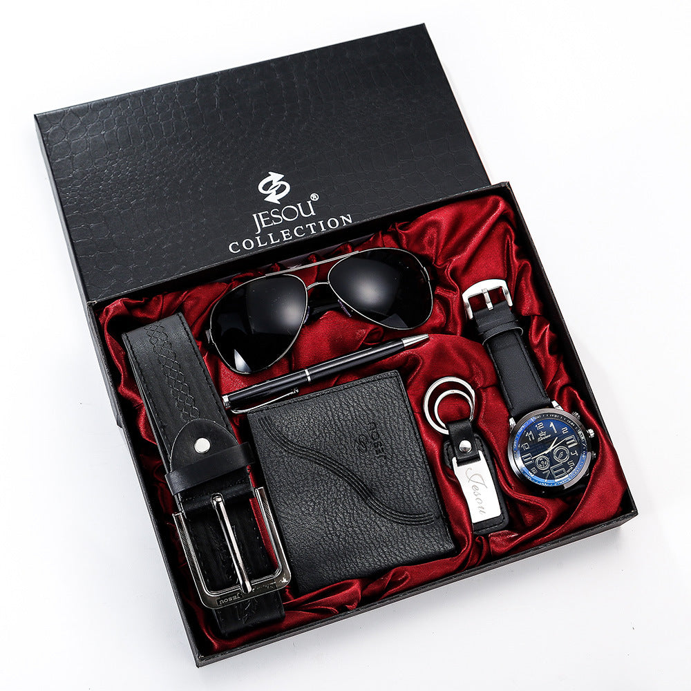 6PCS SET boutique gift set glasses belt wallet keychain large surface quartz watch pen