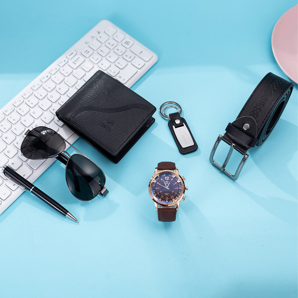 6PCS SET boutique gift set glasses belt wallet keychain large surface quartz watch pen