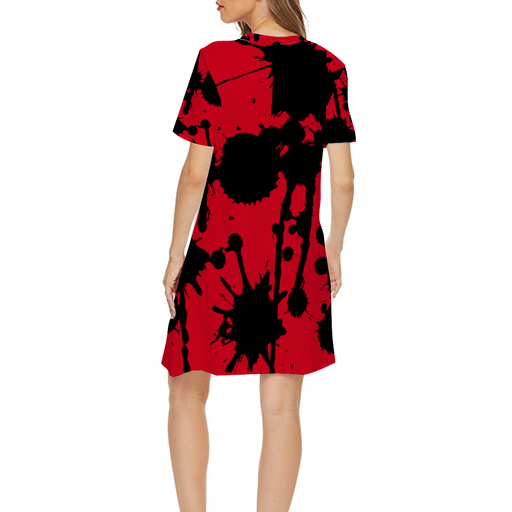 Graffiti Ink Red Short-sleeved Mini Shift Skirt