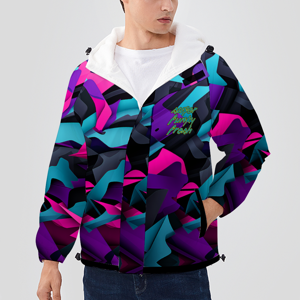 Blue and Purple Tone Digital Camo: Full-Zip Hooded Sweatshirt All Over Print Jackets with Plush