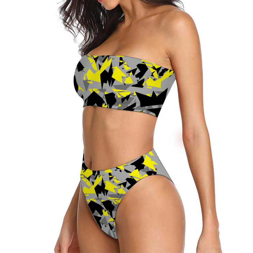 Yellow Grey Camo Women's Bandeau Bikini with Padding