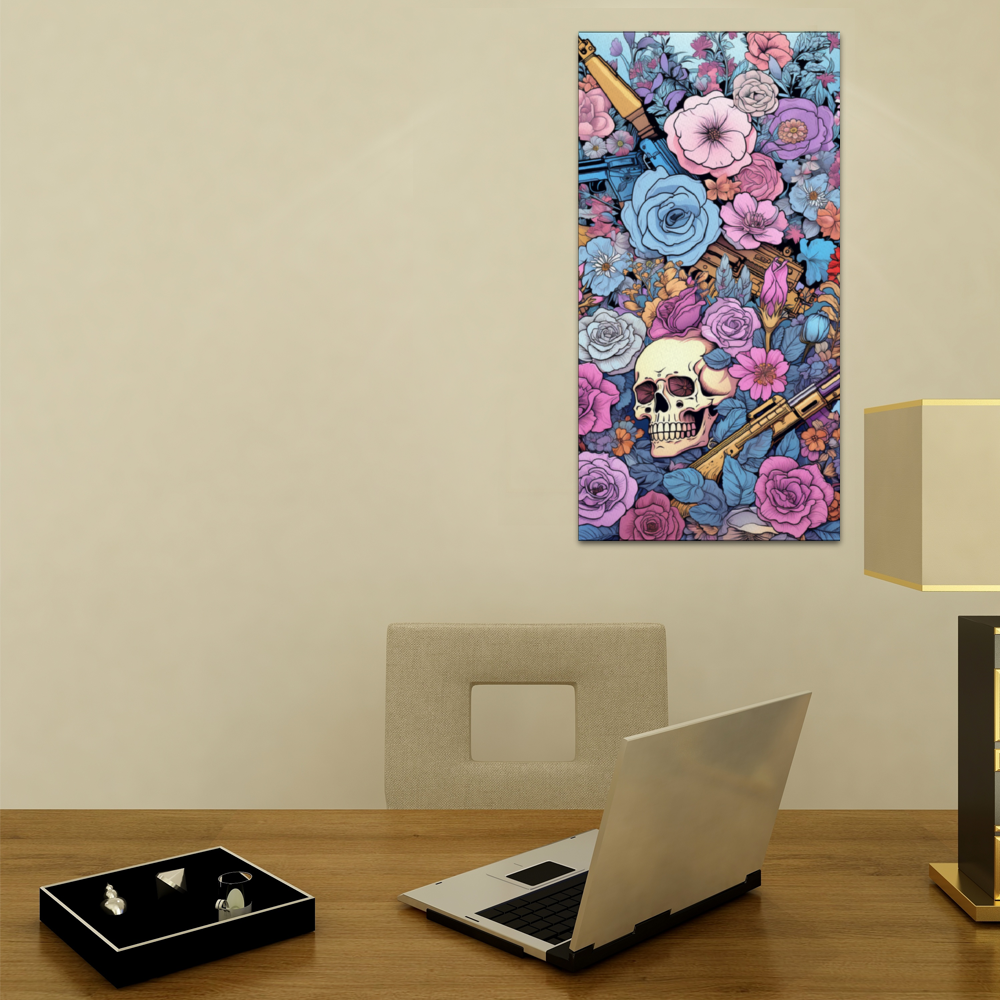 Skulls and Flowers Wooden Inner Framed Canvas Painting 12" x 24"