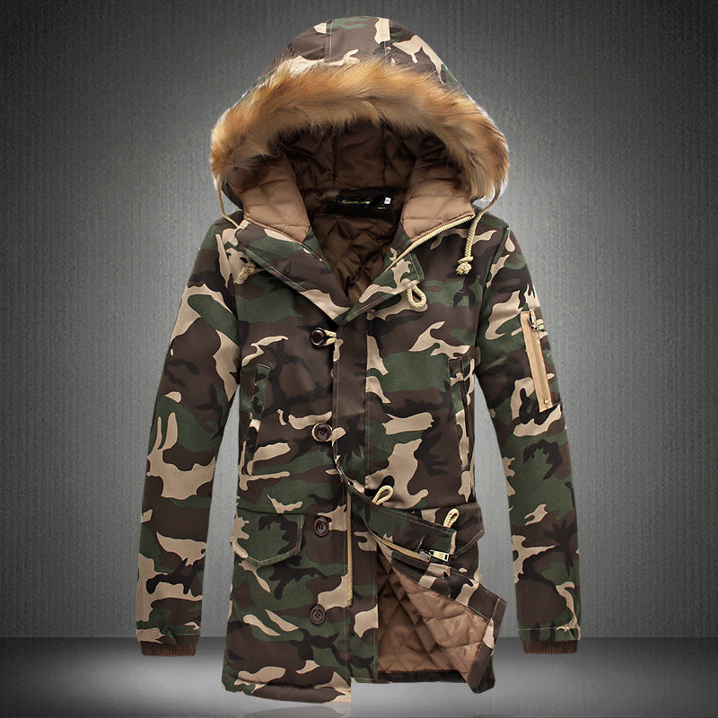 Men's medium-length hooded camouflage