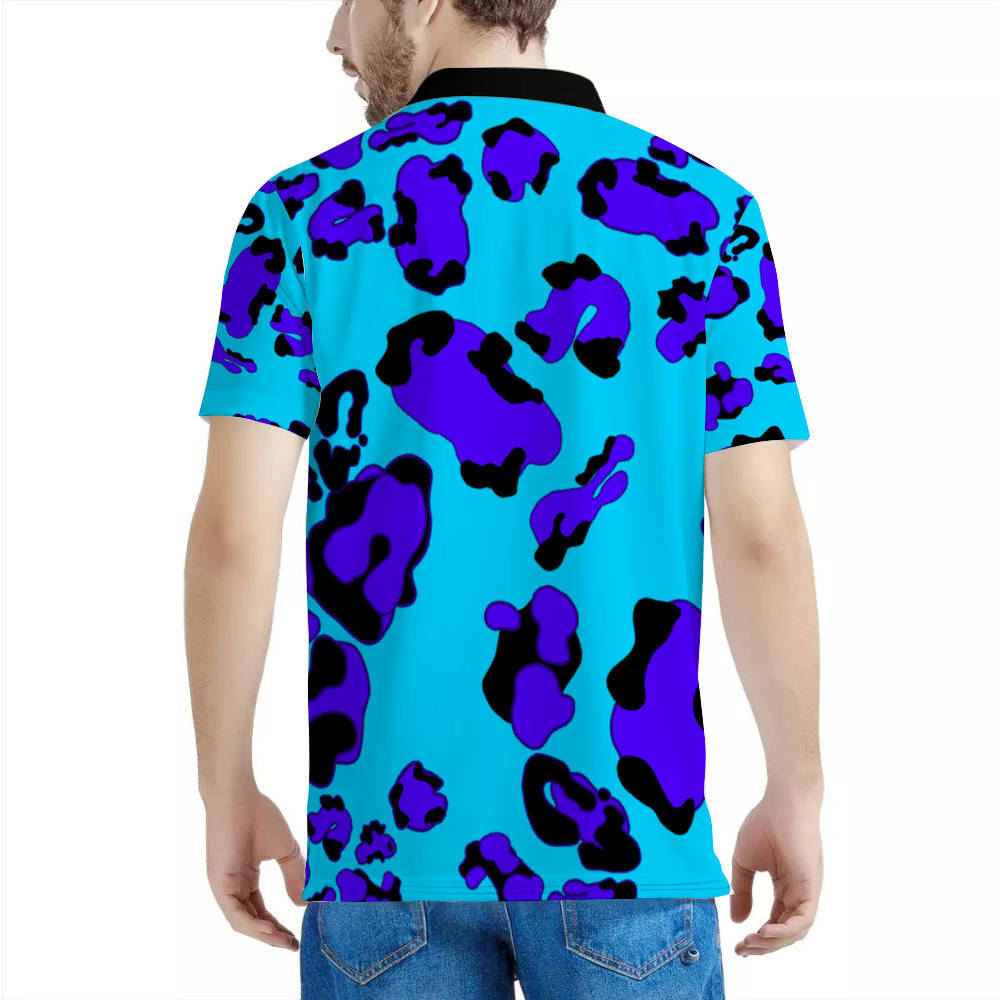 Baby Blue Chetah POLO Neck Shirts Black & White Neck Option