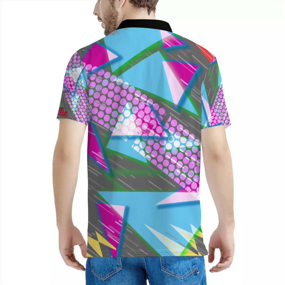 90s Over Print POLO Neck Shirts Black & White Neck Option