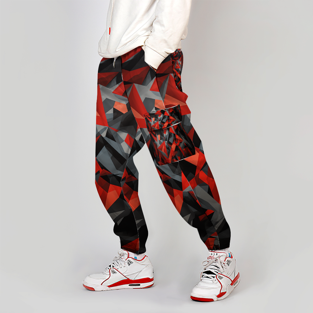 Digital Camo Red Black Grey All Over Print Long Casual Baggy Jogger Pants