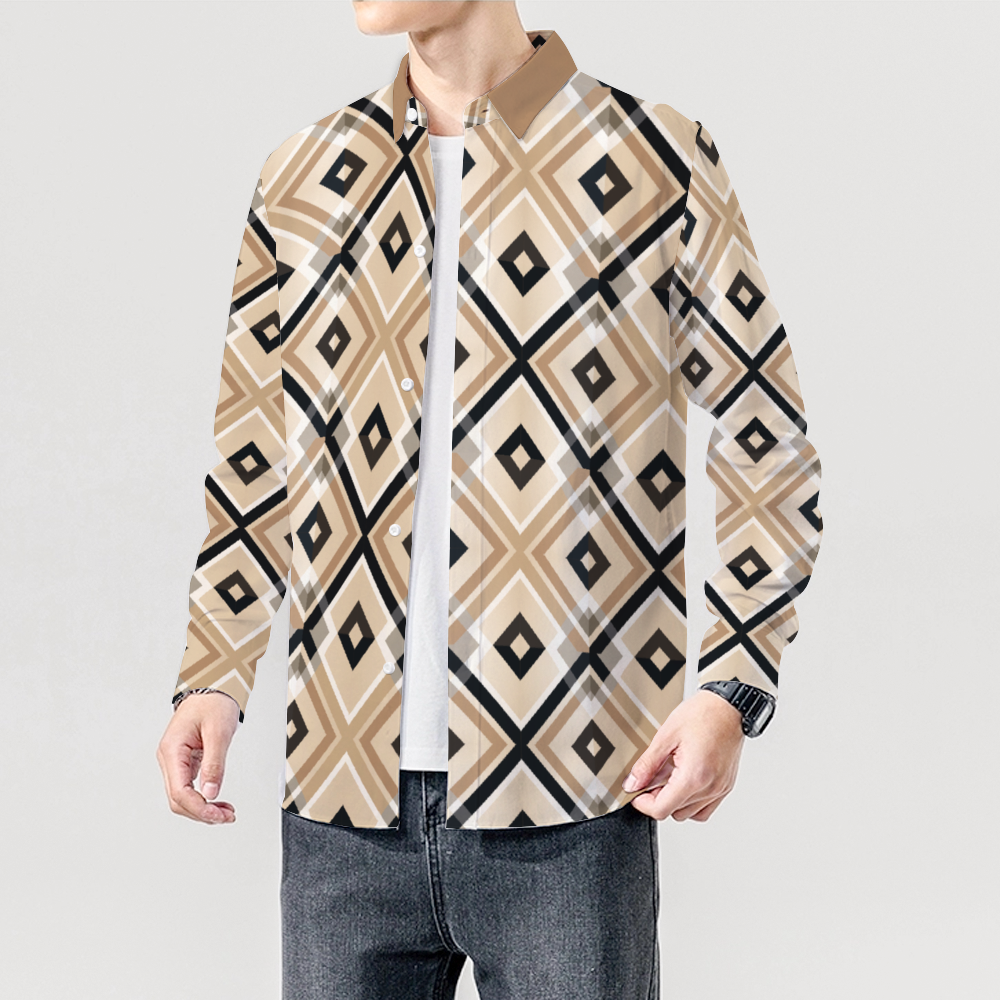 Light Brown Plaid Long Sleeve Unisex Button Up T-shirts