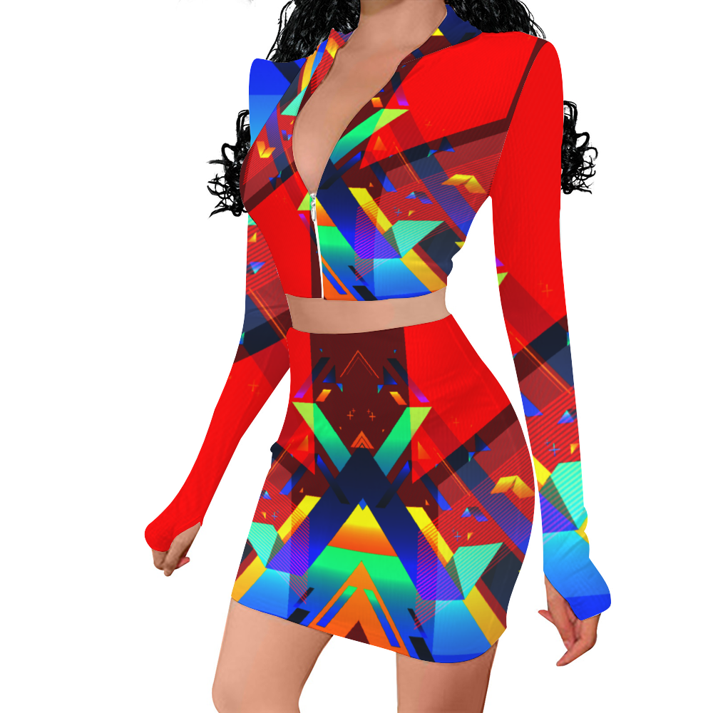 Fractual Fresh Two Piece Outfit Zip Up Top and Short Skirt Set