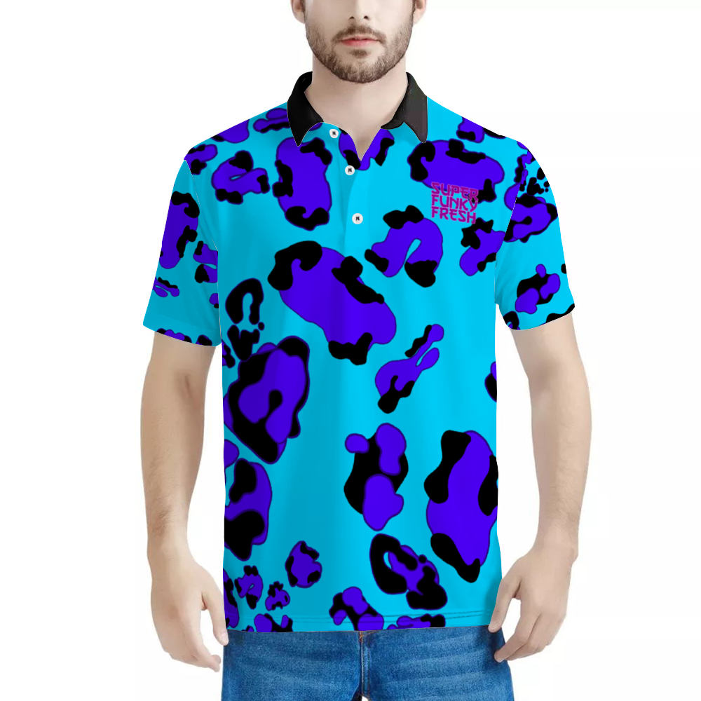 Baby Blue Chetah POLO Neck Shirts Black & White Neck Option