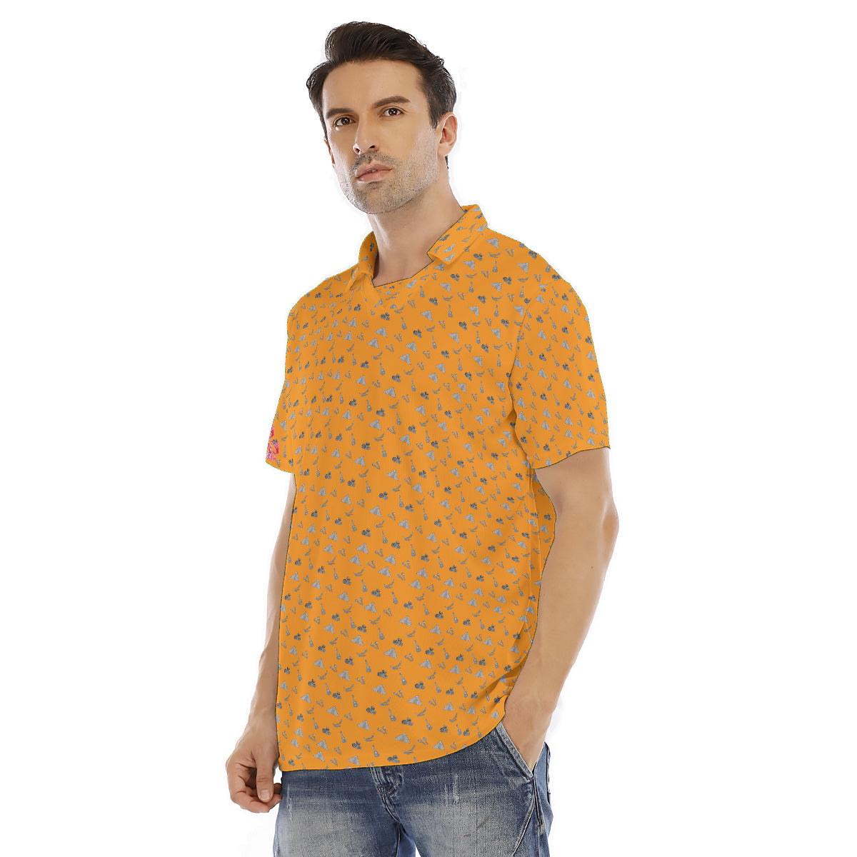 All-Over Print Men's Flat V-neck Lapel Shirt With Short Sleeve