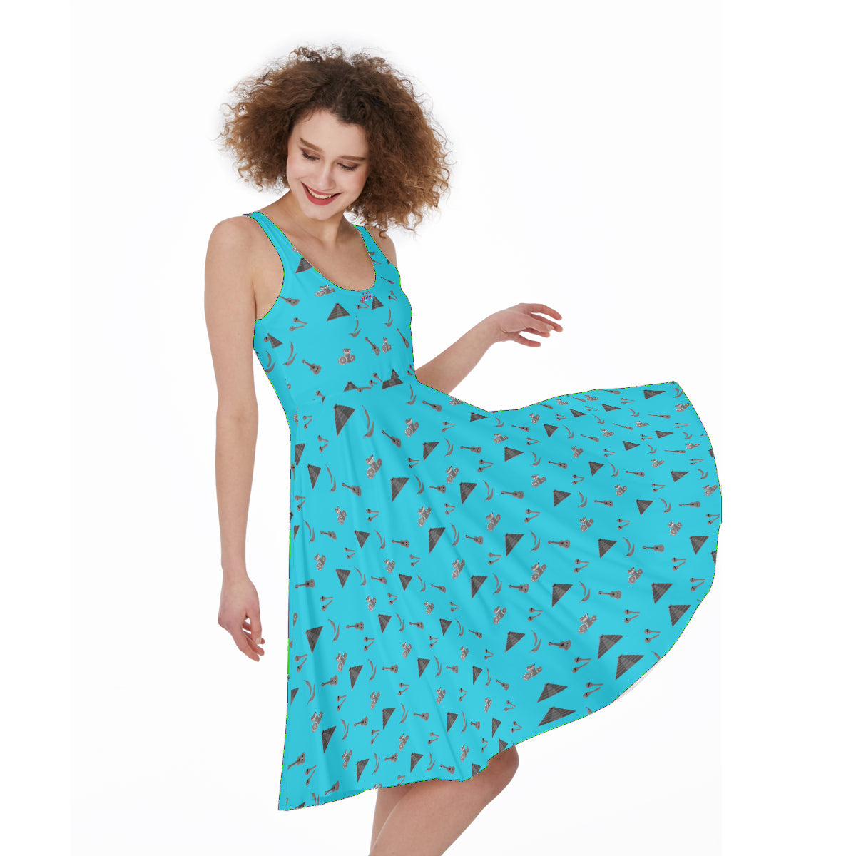 Mayan Temples and Guitar Print in Hyper Blue Women's Dress