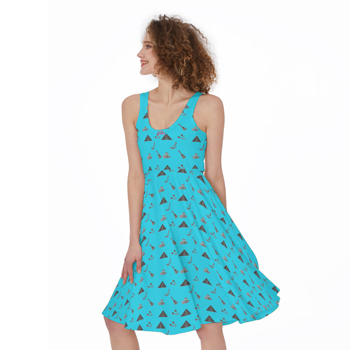 Mayan Temples and Guitar Print in Hyper Blue Women's Dress