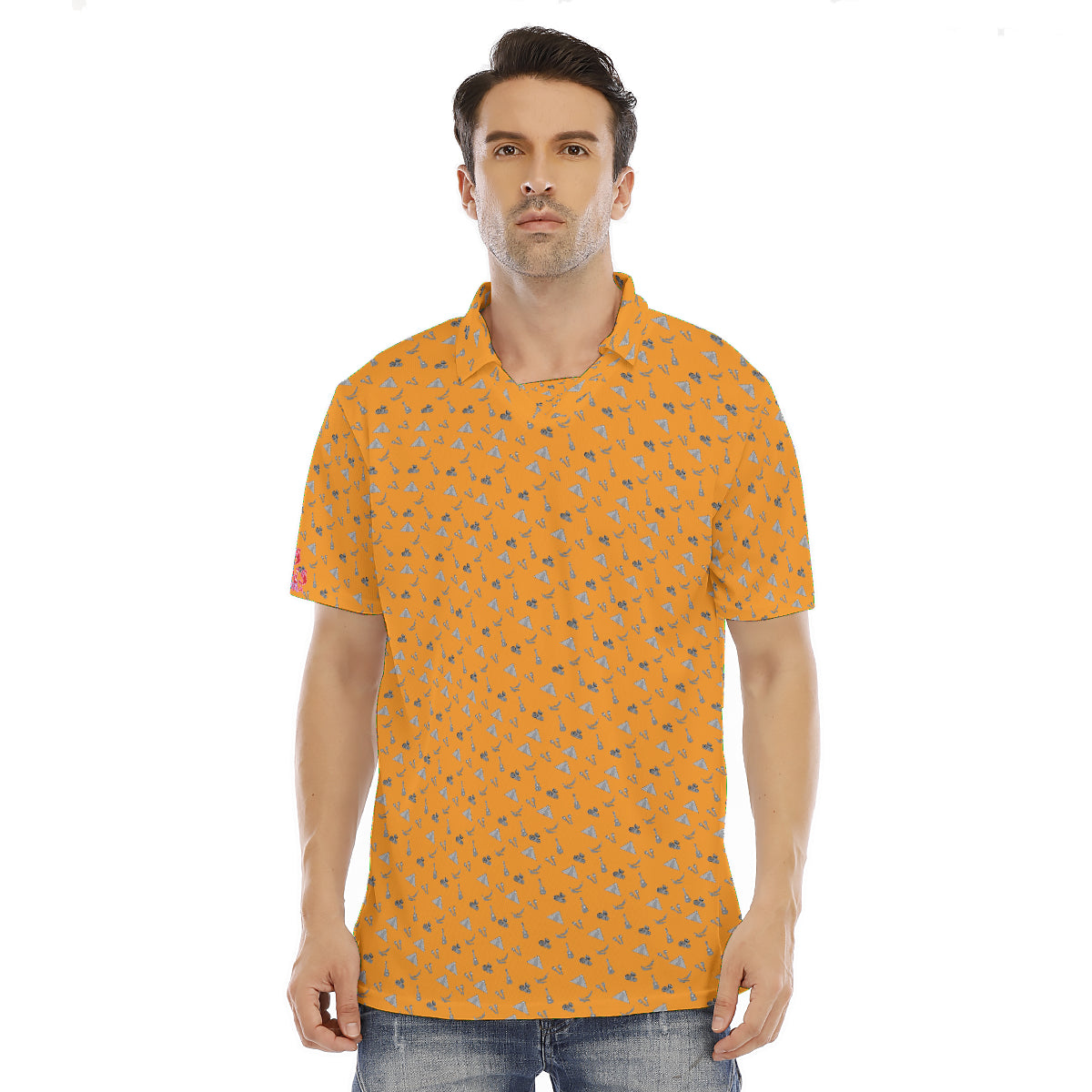 All-Over Print Men's Flat V-neck Lapel Shirt With Short Sleeve
