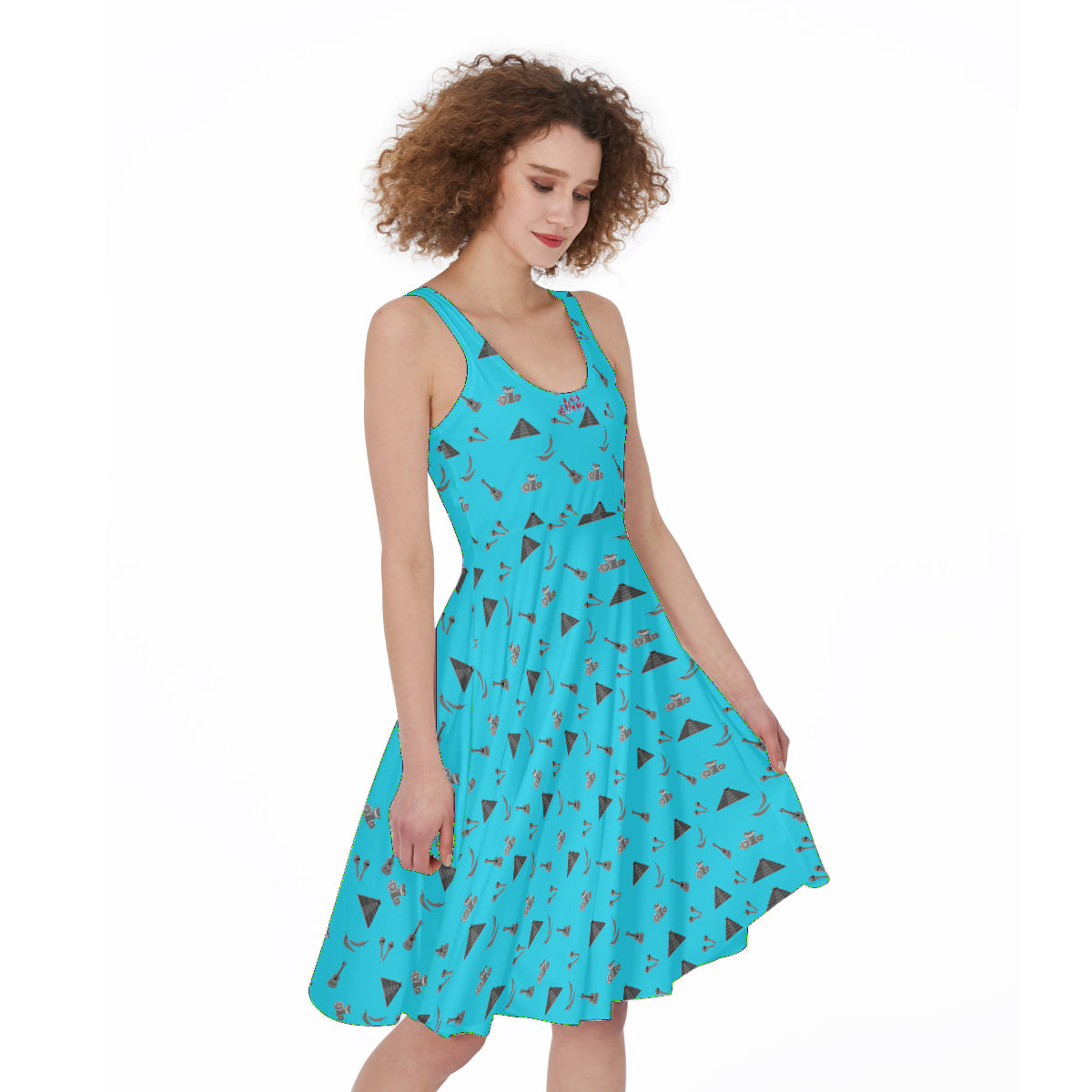 Mayan Temples and Guitar Print in Hyper Blue Women's Dress