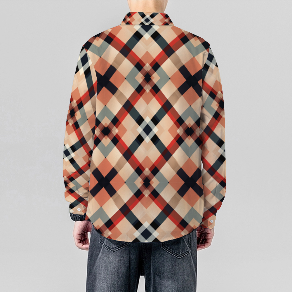 Brown Plaid Pattern Long Sleeve Unisex Button Up T-shirts