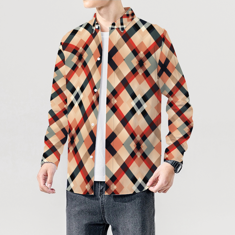 Brown Plaid Pattern Long Sleeve Unisex Button Up T-shirts
