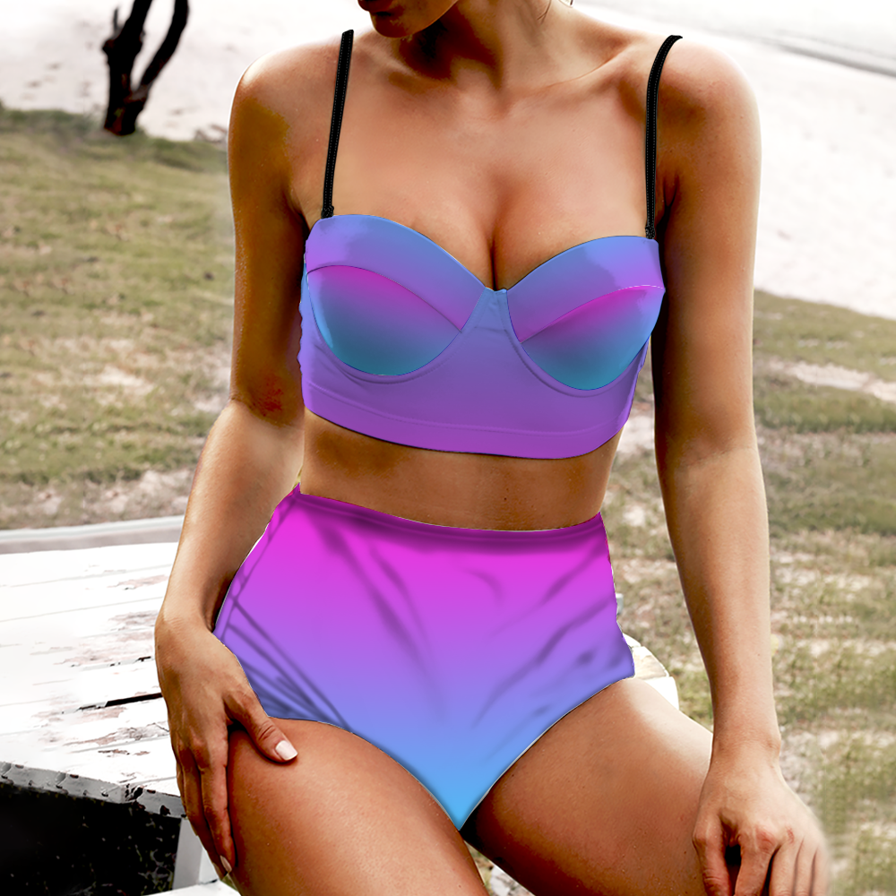 Blue and Pink Women's High Waist Bikini