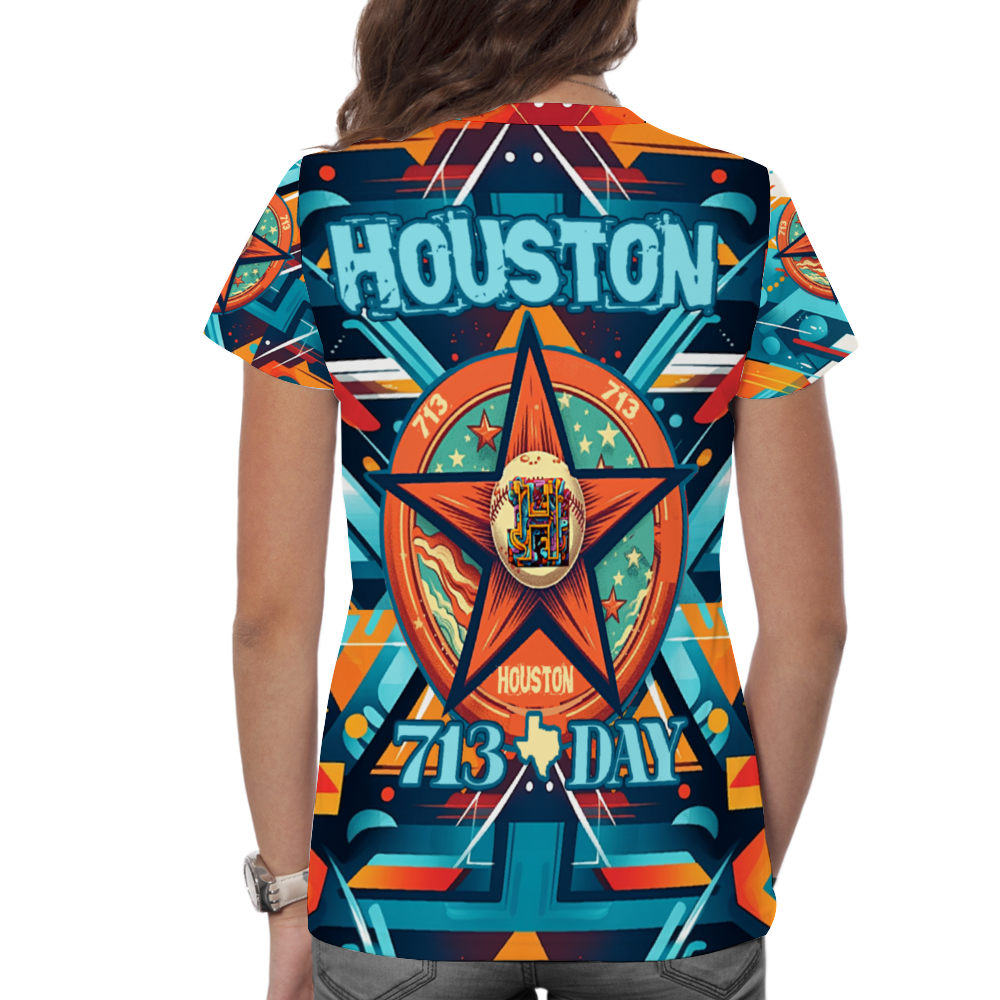 Houston 713 Badge Fashion Shirts Short Sleeve V-neck T-Shirt