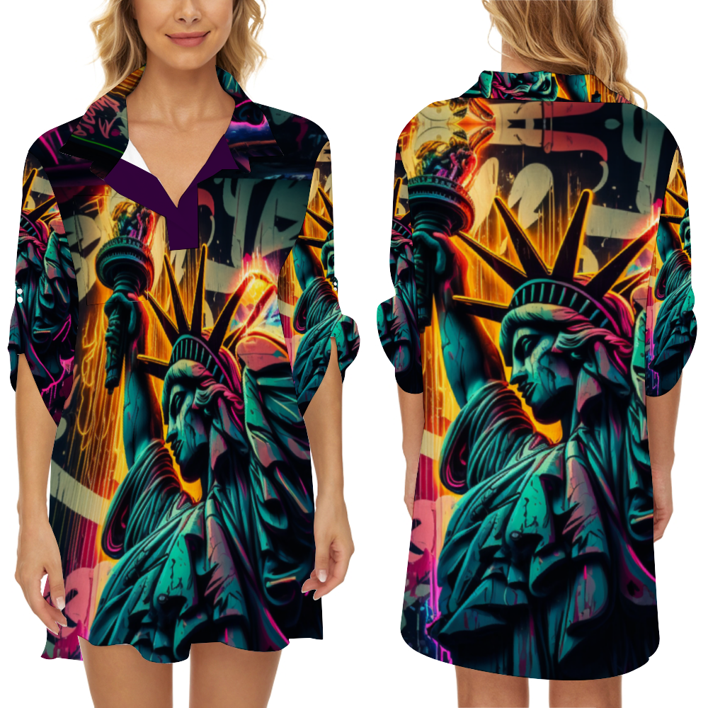 New York Scene of Women's Long Blouse Shirts with Half Sleeve