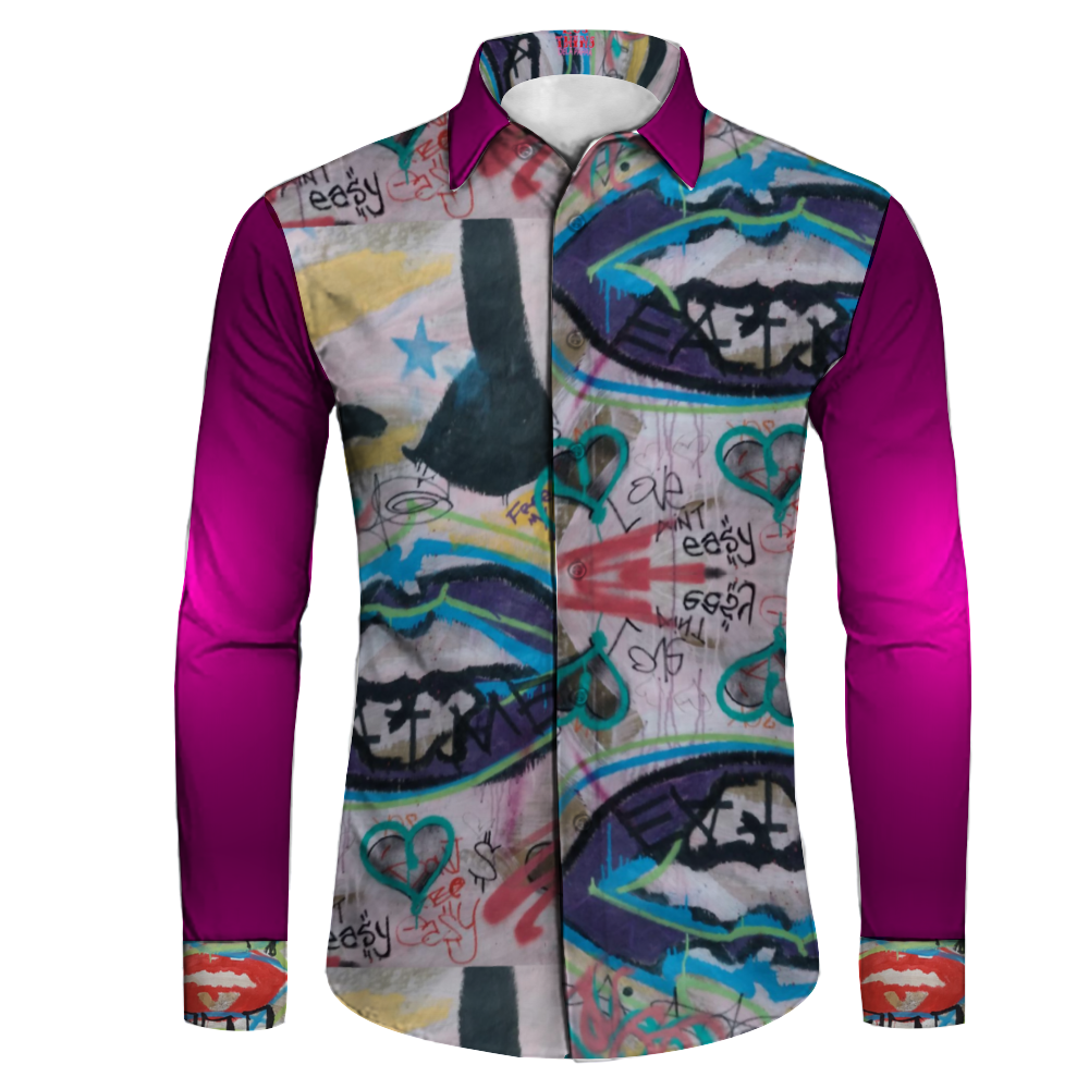 Slim Fit Deep Purple Lips Mens Long Sleeve Shirt