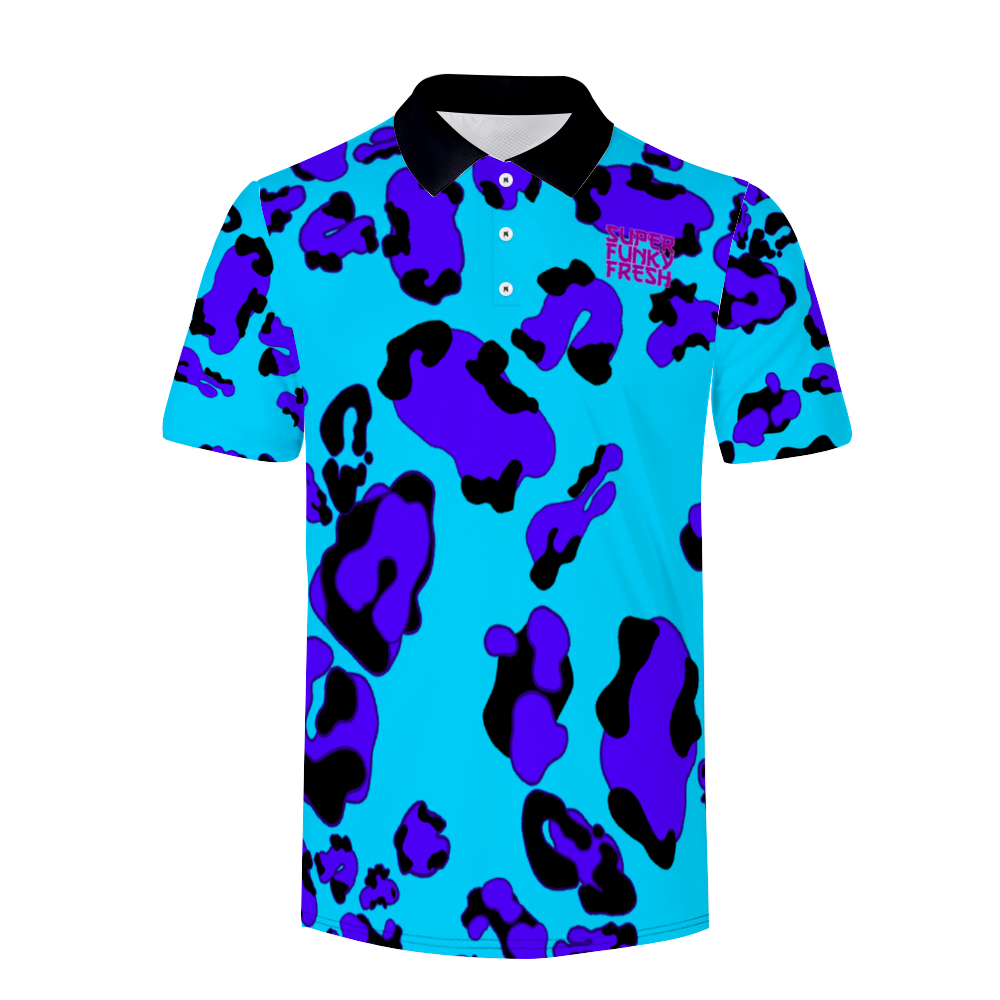 Baby Blue Chetah POLO Neck Shirts Black & White Neck Option