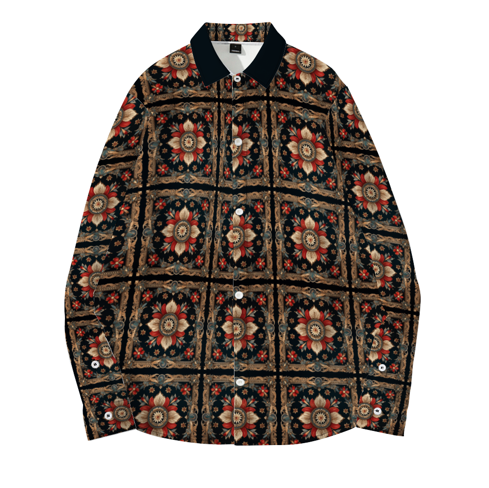 Black Collar Flower Motif Long Sleeve Unisex Button Up
