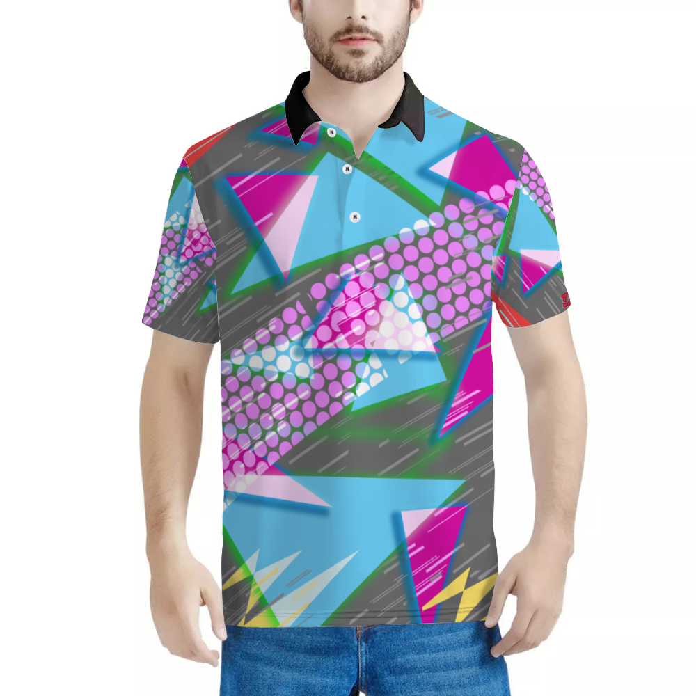 90s Over Print POLO Neck Shirts Black & White Neck Option