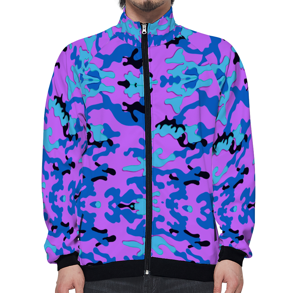 Blue and Purple Camo Slim Fit Terry Baseball Jacket
