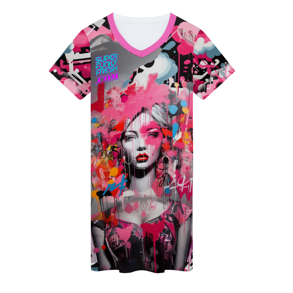 Graffiti Barbie Women's All Over Print V-neck Short Sleeve Mini Dress