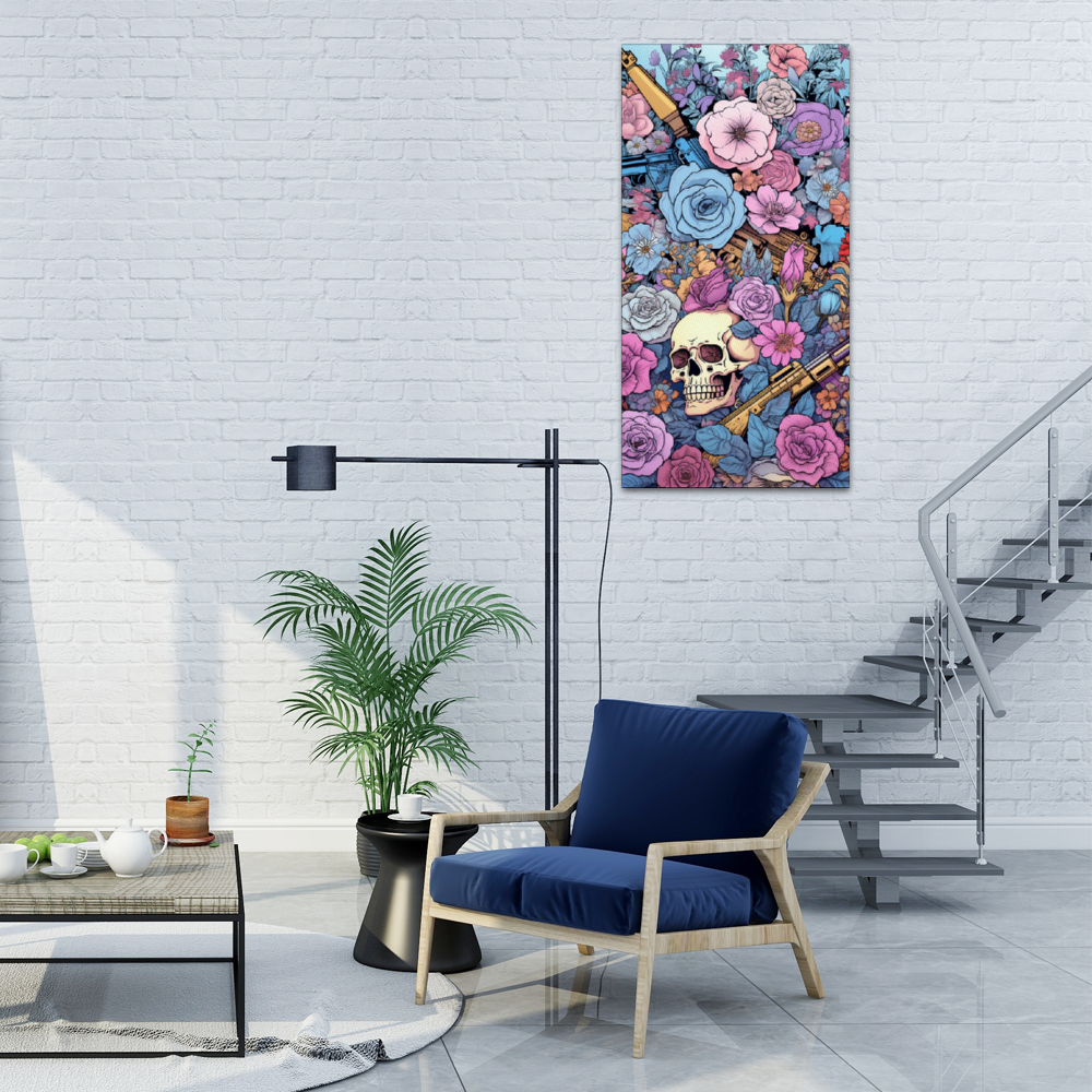 Skulls and Flowers Wooden Inner Framed Canvas Painting 12" x 24"