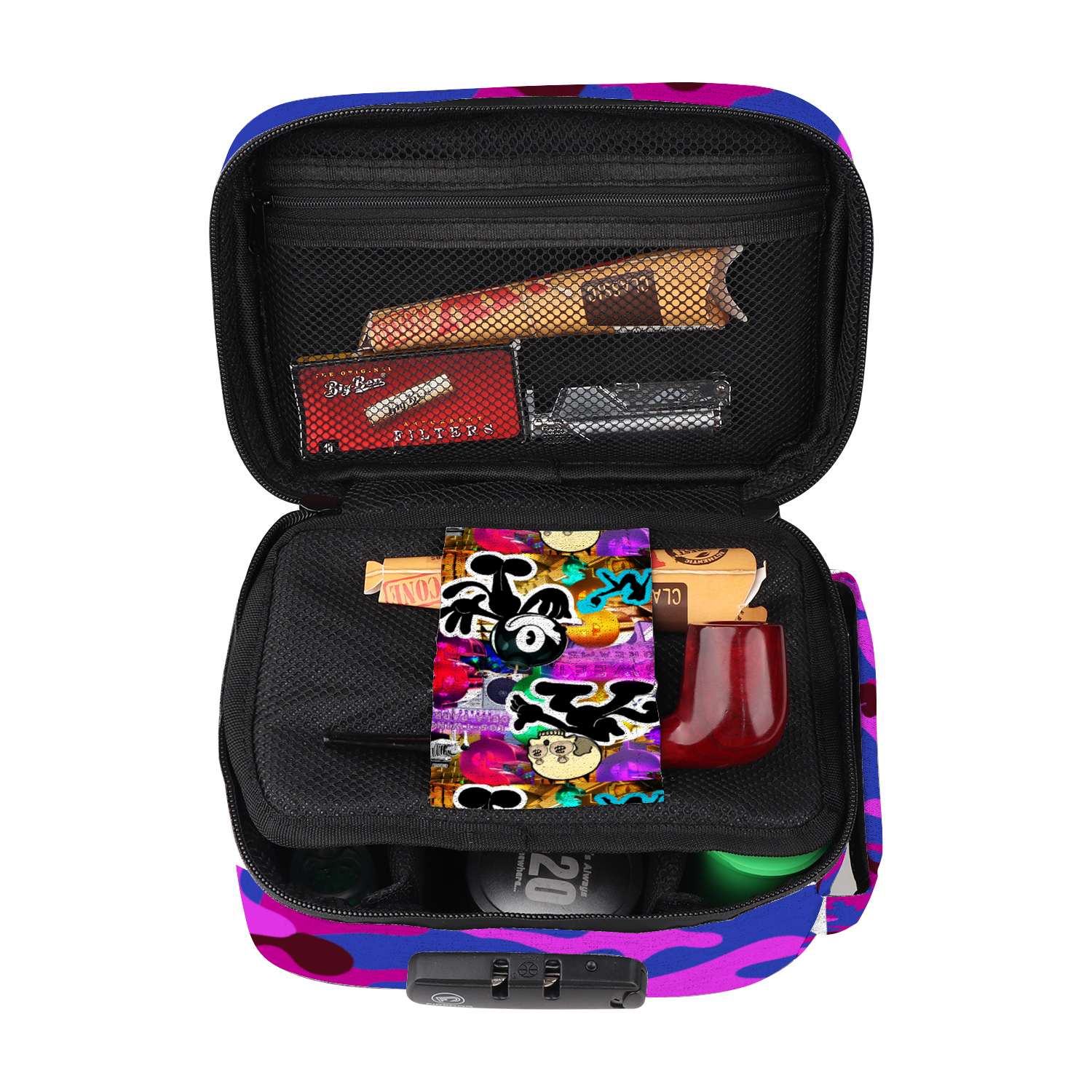 Double Trouble Purple Camo Combination Lock Active Charcoal Cigar Bag Zipper Closure