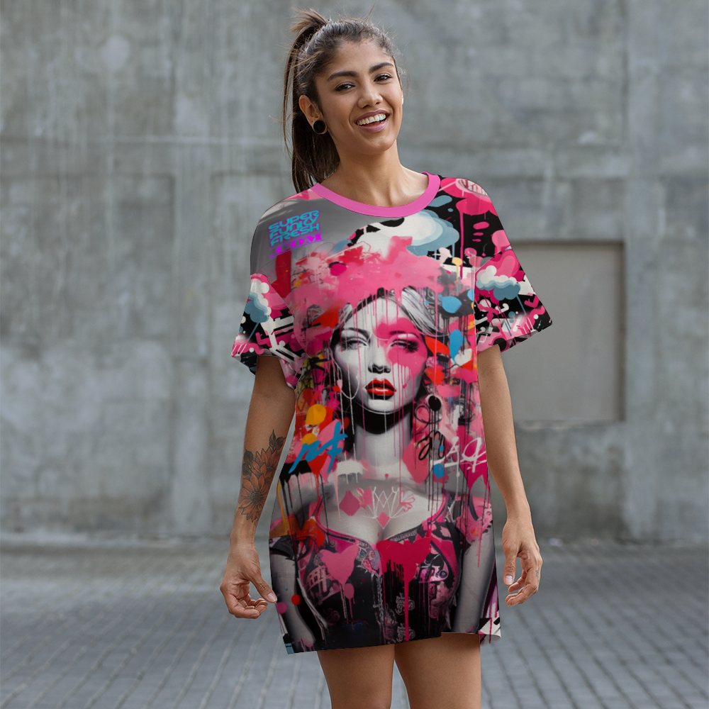 Graffiti Barbie Women's All Over Print V-neck Short Sleeve Mini Dress