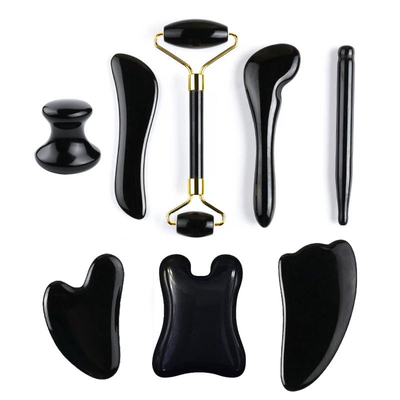 Natural Stone Guasha Massage Gouache Scraper For Face Jade Roller Massager Set Black Obsidian Gua Sha Board Facial SkinCare Tool