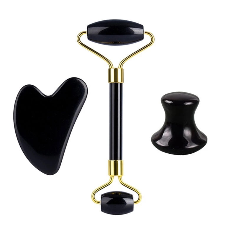 Natural Stone Guasha Massage Gouache Scraper For Face Jade Roller Massager Set Black Obsidian Gua Sha Board Facial SkinCare Tool