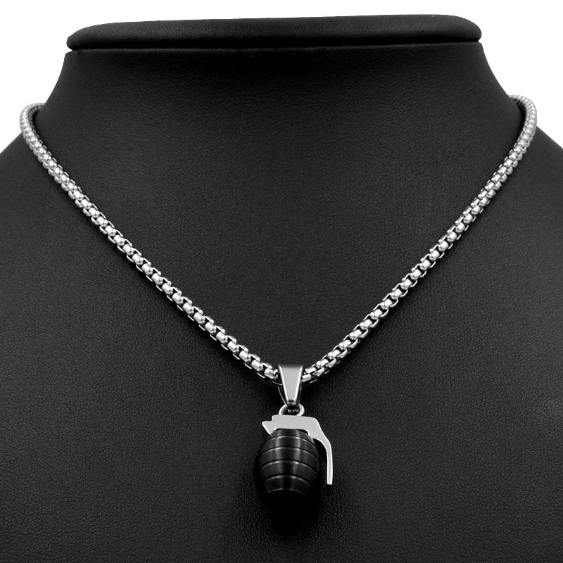 Stainless Steel Pendant Necklace Black Hand Grenade