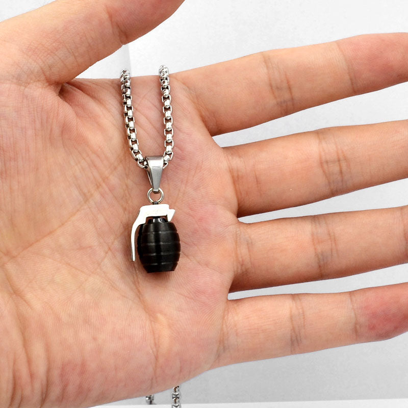 Stainless Steel Pendant Necklace Black Hand Grenade