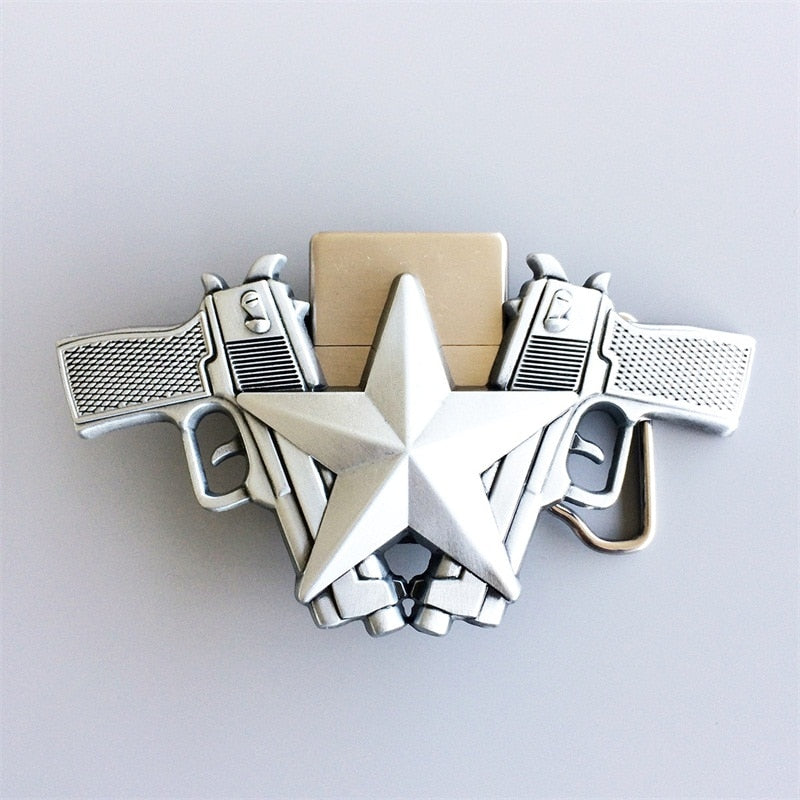 Lone Star and Guns Antique Silver Lighter Belt Buckle