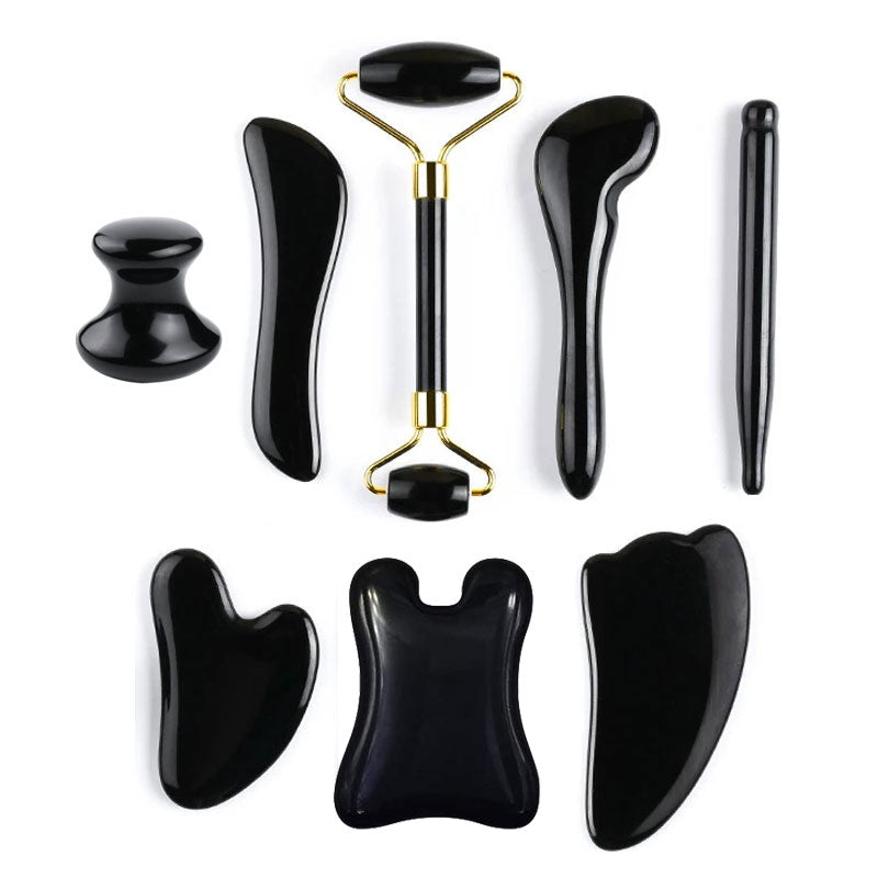 Natural Stone Guasha Massage Gouache Scraper For Face Jade Roller Massager Set Black Obsidian Gua Sha Board Facial SkinCare Tool
